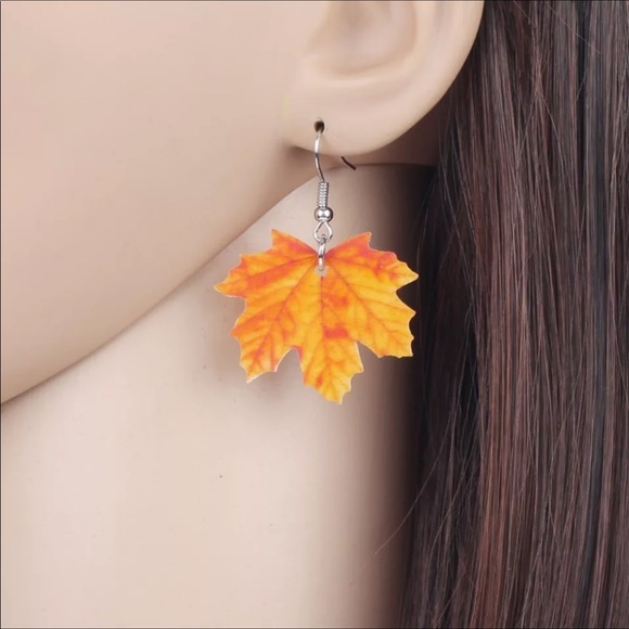 New Orange Maple Leaf Acrylic Hang Earrings - Picture 3 of 13